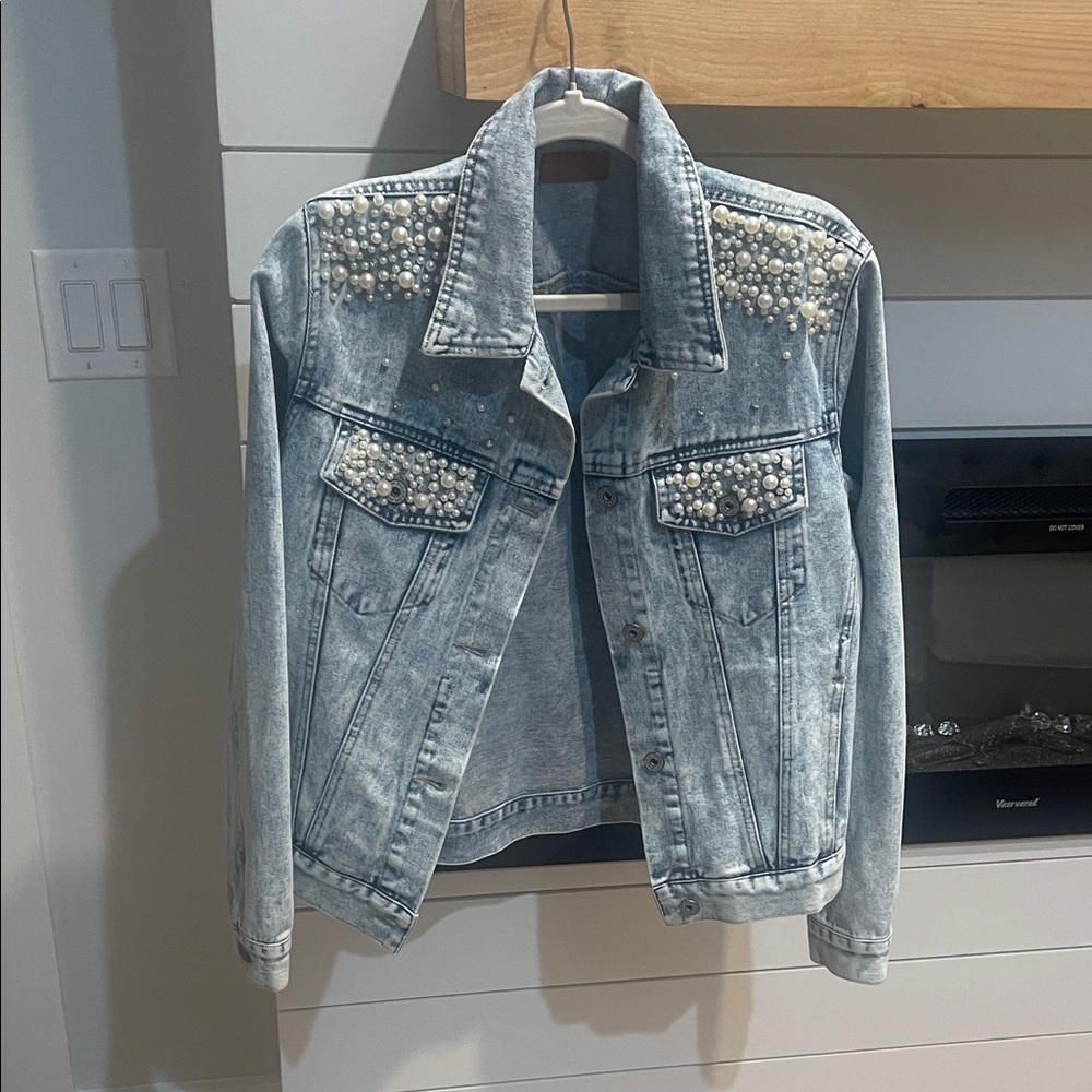 Umgee Light Blue Pearl Studded Jean Jacket